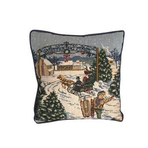 Winter Scene Tapestry Throw Pillow Dark Blue Backing 12x12 Inches Vintage